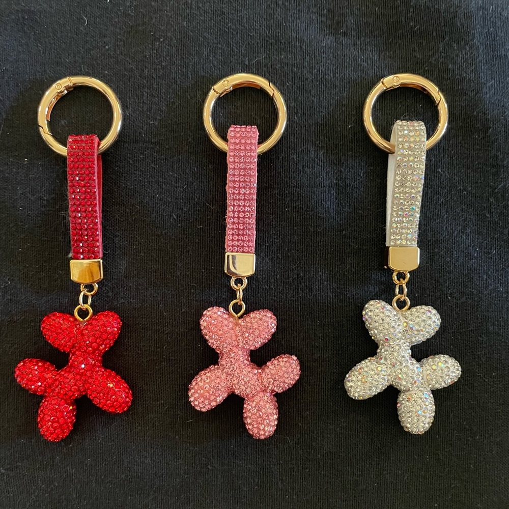 Rhinestone Balloon Dog Keychain Charms-Red, Pink, Silver